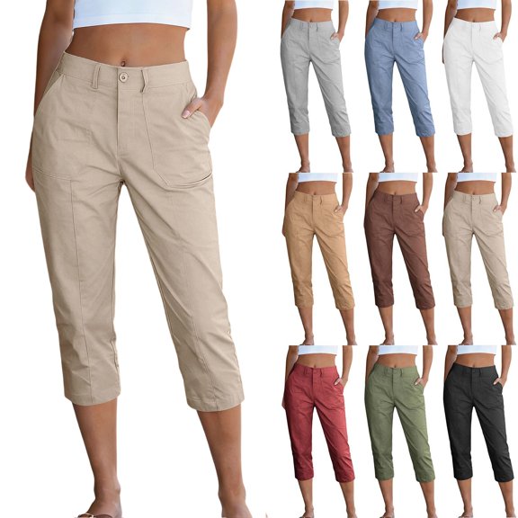Women's High Waisted Straight Leg Capri Pants,Casual Cropped Trousers with Pockets for Summer and Everyday Wear,Beige,Women's Capri L