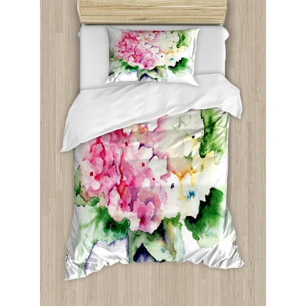 Floral Duvet Cover Set Hydrangea Flower Bouquet In Watercolor Blossoms Botany Petals Image Decorative Bedding Set With Pillow Shams Pink Yellow Forest Green By Ambesonne Walmart Com Walmart Com
