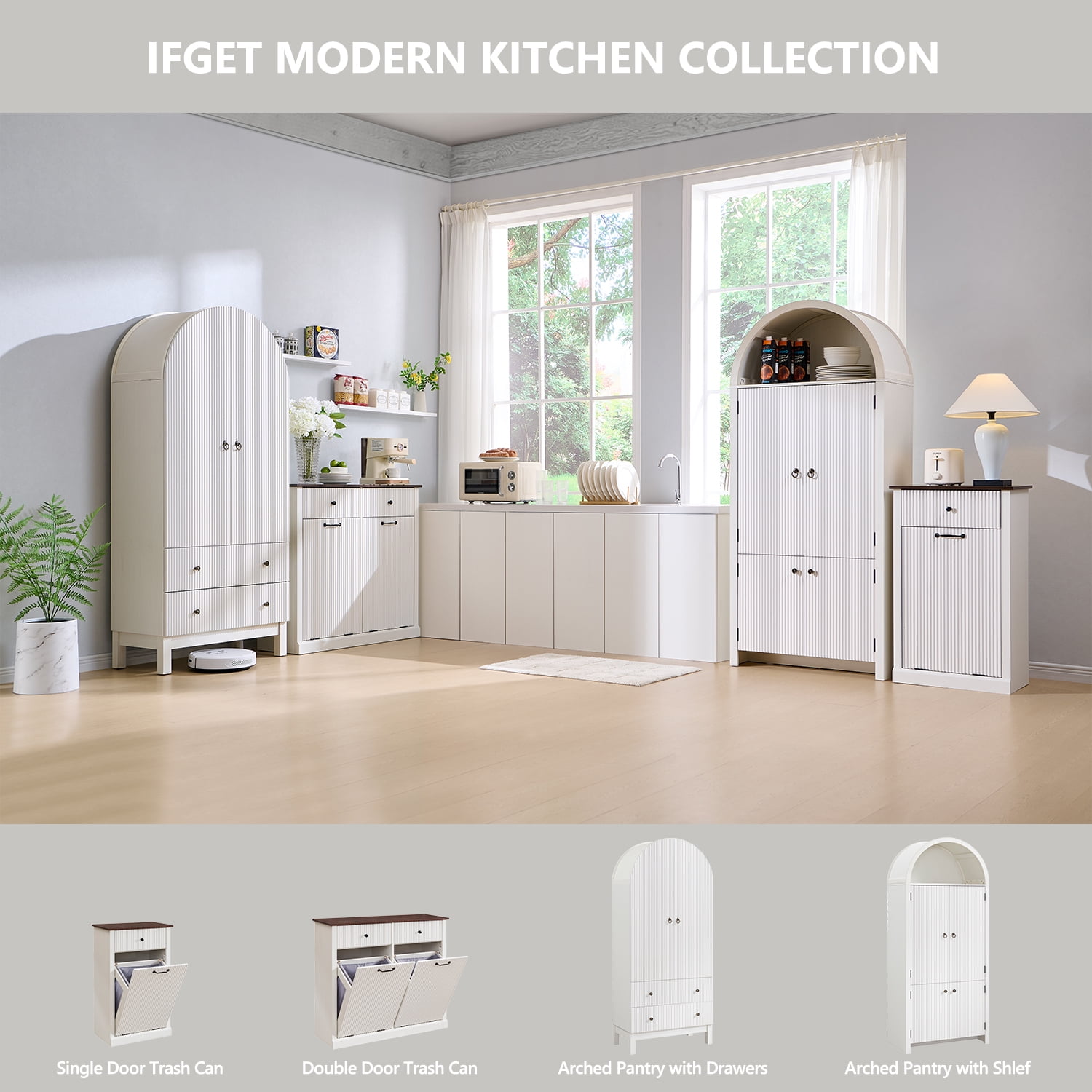 IFGET Double Fluted Tilt-Out Trash Can Cabinet, 20 Gallon Wood Hidden Garbage Can Cabinets with Storage Drawers, Laundry Hamper Cabinet for Bathroom, Kitchen