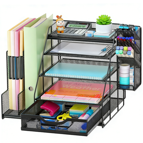 Olakula 5-Tier Desktop Organizer with a Pen Holder,Mesh Document Pockets,And Sliding Drawers,Perfect for Offices,Schools.