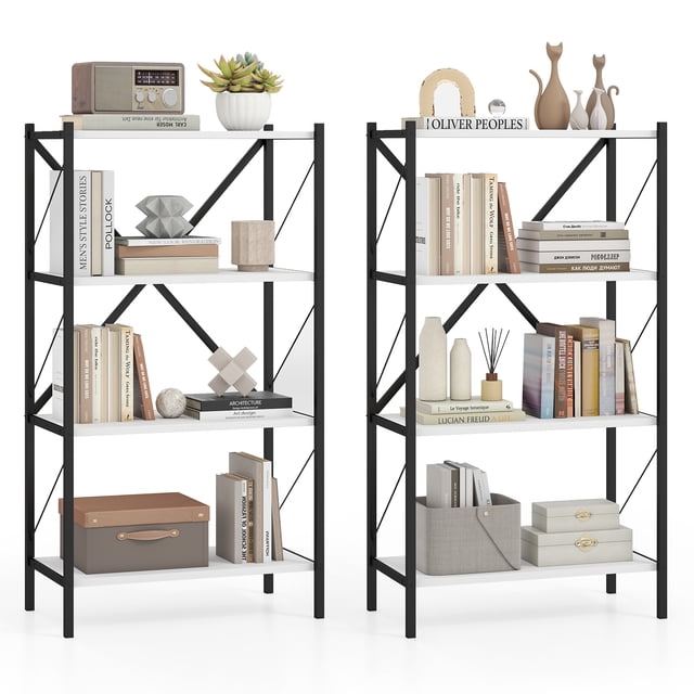 Gymax 2PCS 4-Tier Bookshelf Book Holder w/Heavy-Duty Metal Frame for Living Room White