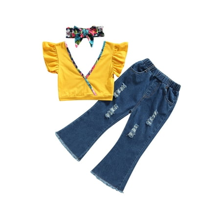 

KuriozudKids Floral Print V-Neck Fly Sleeve Tops Ripped Flare Jeans Headband