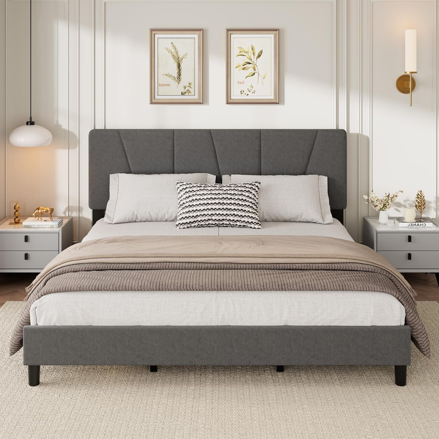 King Size Bed Frame with Adjustable Headboard, Linen Upholstered King Platform Bedframe with Strong Wooden Slats, Mattress Foundation, No Box Spring Needed, Easy Assembly