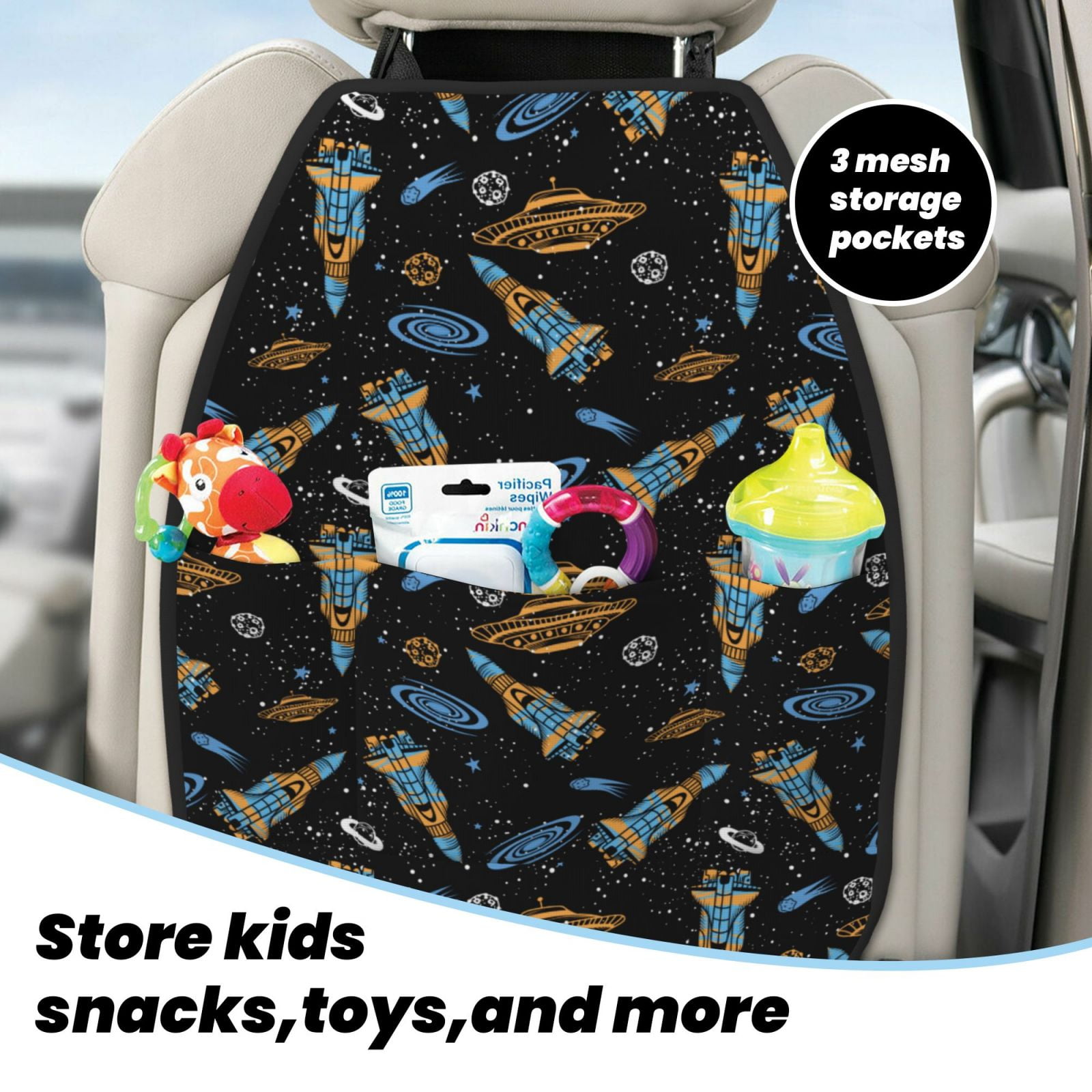 Xecao Space Rockets Pattern Car Seat Back Protector 2 Pack Large Capacity Pocket, Kick Mats Back Seat Protector