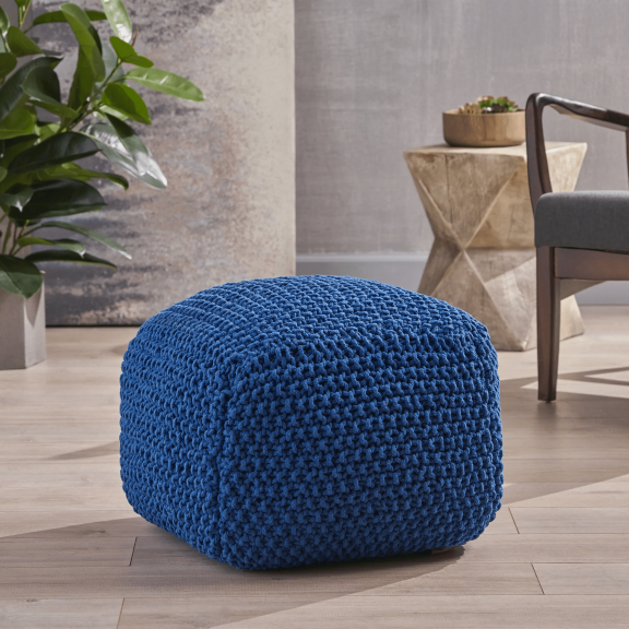 DUOSONG Pim Knitted Cotton Pouf Cube 20.5 X 20.5 X 16.5 Pouf. Navy Cotton Furniture Primary Living Space Bean Bag Chairs & Lazy Sofa Chair