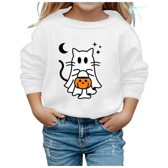 Tfken Teen Girls Sweatshirt Size 4-5 Years Winter Cartoon Print Fashion Crew Neck Long Sleeve Halloween Pullover Sweater White
