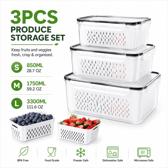3PCS Large Fruit Containers for Fridge - Leakproof Food Storage Containers with Removable Colander - Dishwasher & microwave safe Produce Containers Keep Fruits, Vegetables, Berry, Meat Fresh longer
