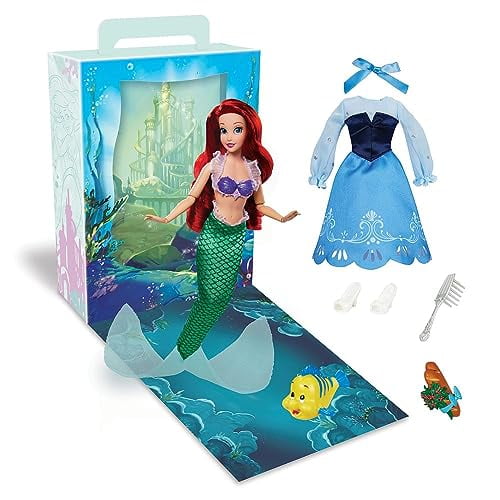 Muñeca oficial de Disney Store (Ariel de La Sirenita) de 11 pulgadas, incluye libro para colorear y vestido adicional, muñeca princesa con traje clásico, juguetes de princesa para niñas