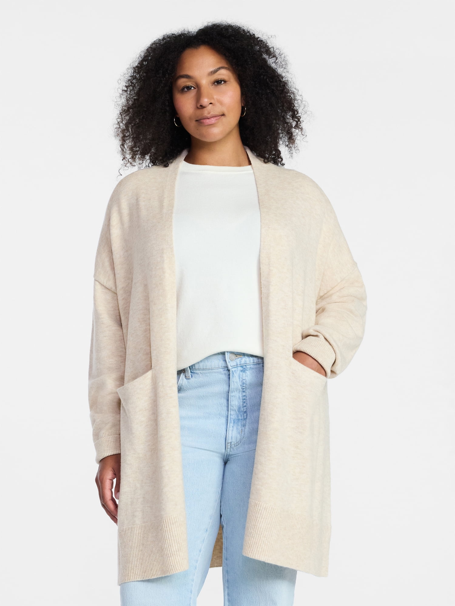 Time and Tru Women's Long Open Front Cardigan Sweater with Long Sleeves, Sizes XS-XXXL