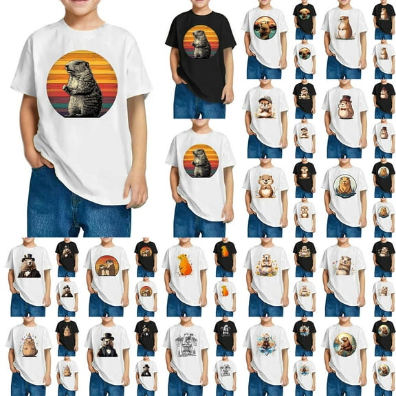 Feancey Groundhog Day Shirt Kids Boys Girls Summer Short Sleeve T-Shirts Loose Fit Casual Crewneck Tops Cute Animal Lover Graphic Tees Black 130