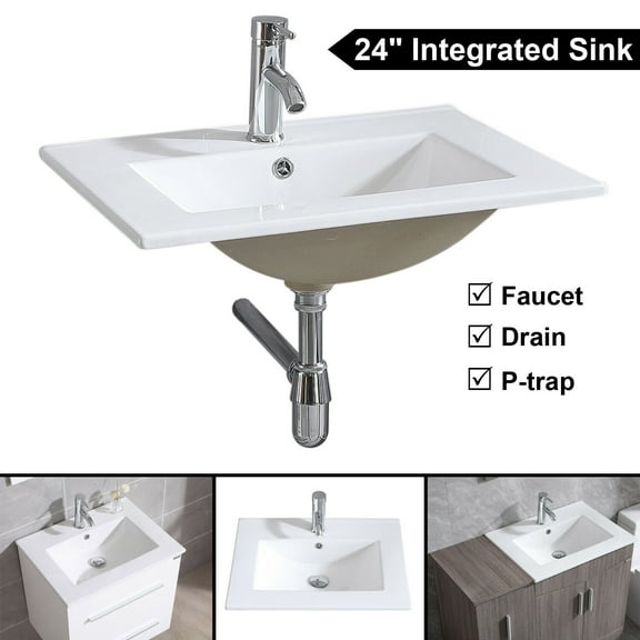 WONLINE 24" Vanity Top Integrated Sink Bowl White Ceramic   Faucet & Drain Bathroom Sink