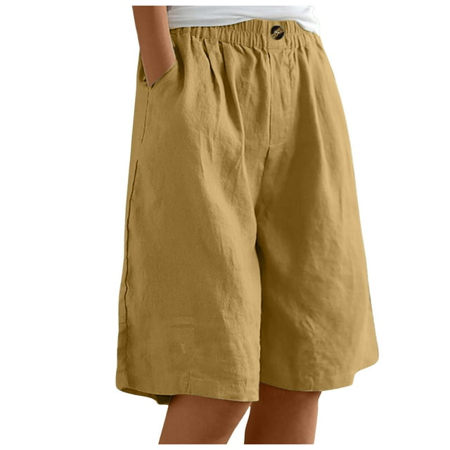 Woman Elastic Solid Color Shorts Button Down Half Pants with Pocket - Casual Short Pant Wide Leg Shorts