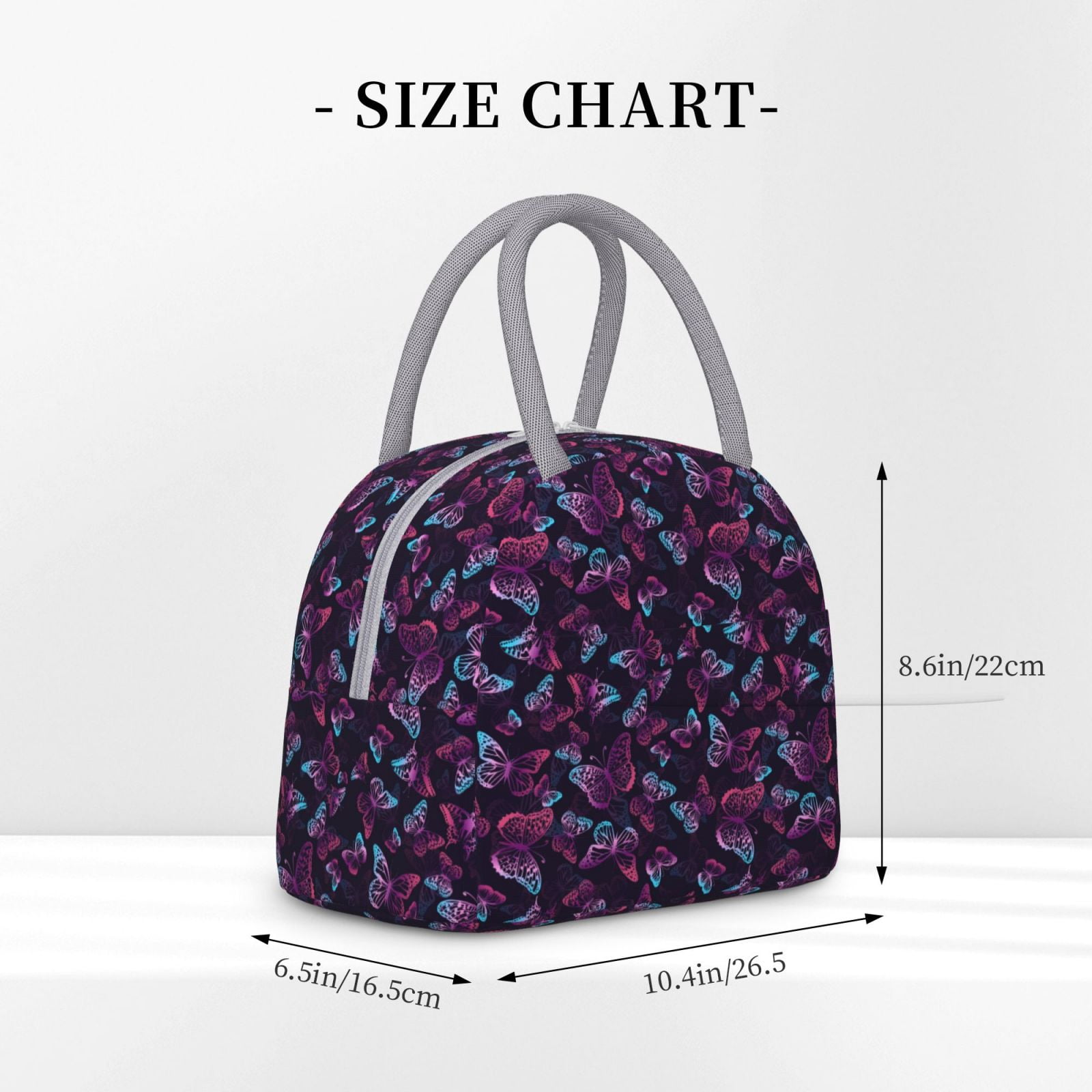 Horeoi Purple Butterfly Pattern Large Insulated Lunch Bag for Work, School, Picnic - Waterproof, Durable Oxford Cloth, Comfortable Handle-Light Grey