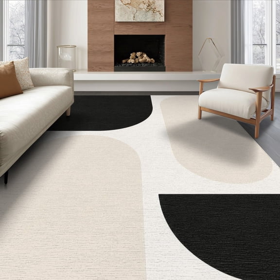 ODIKA 8'x10' Washable Area Rug Non-Shedding, Easy Care, Black Beige Geometric Abstract Design Elegant Contrast with Minimalist Curves for King Size Bedroom Under Bed, Master Suite