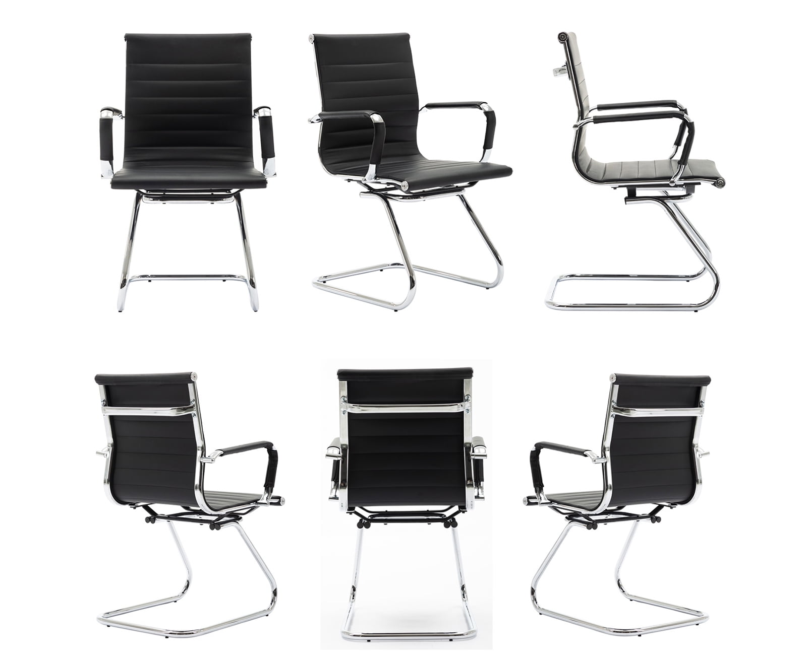 Guyou Modern Mid Back Office Guest Chair Set of 2, Faux Leather Reception Chair Computer Chair with Armrests and Metal Sled Base for Meeting/Waiting/Conference Room, No Wheels, Black