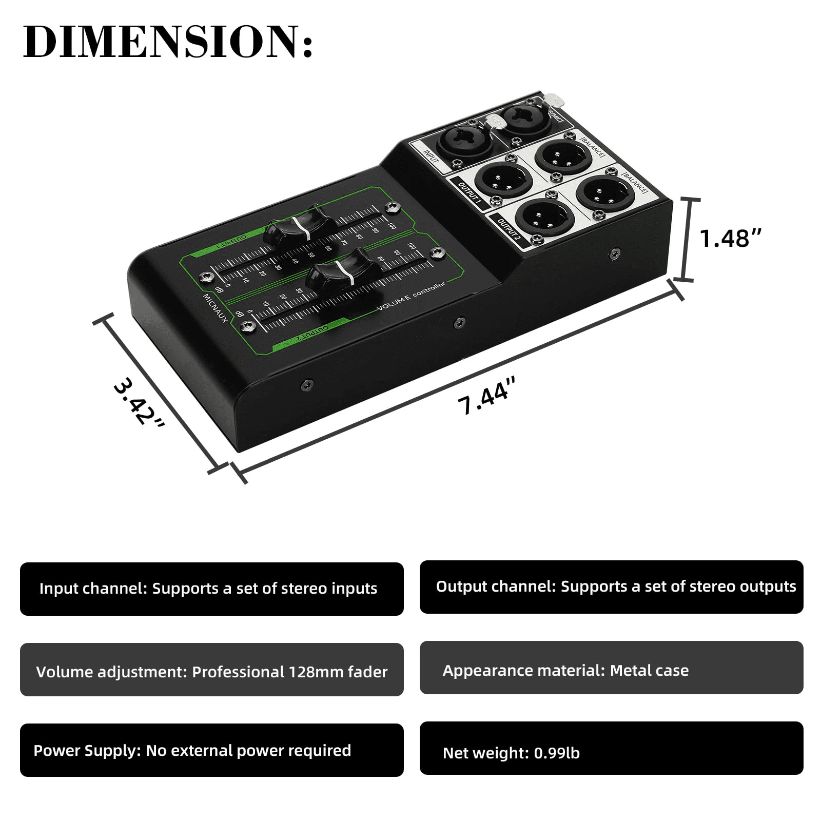 Passive Monitor Volume Controller, XLR 2 Input 2 Output Stereo Studio Controller, Plug and Play No Loss Volume Adjustment Controller for Studio Home Audio System
