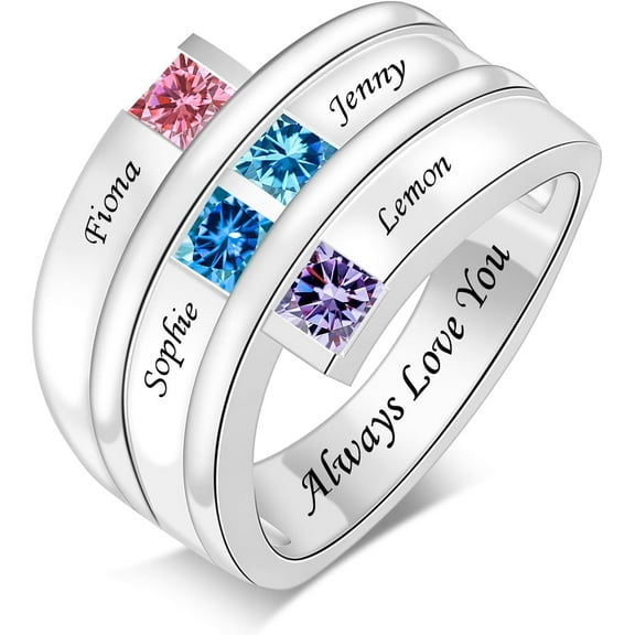YUPPOLKR Personalized Mothers Ring with 1-6 Simulated Birthstones Sterling Silver Engraving Family Name Ring Mother's Day Anniversary Birthday Gift for Mother Grandma Daughter