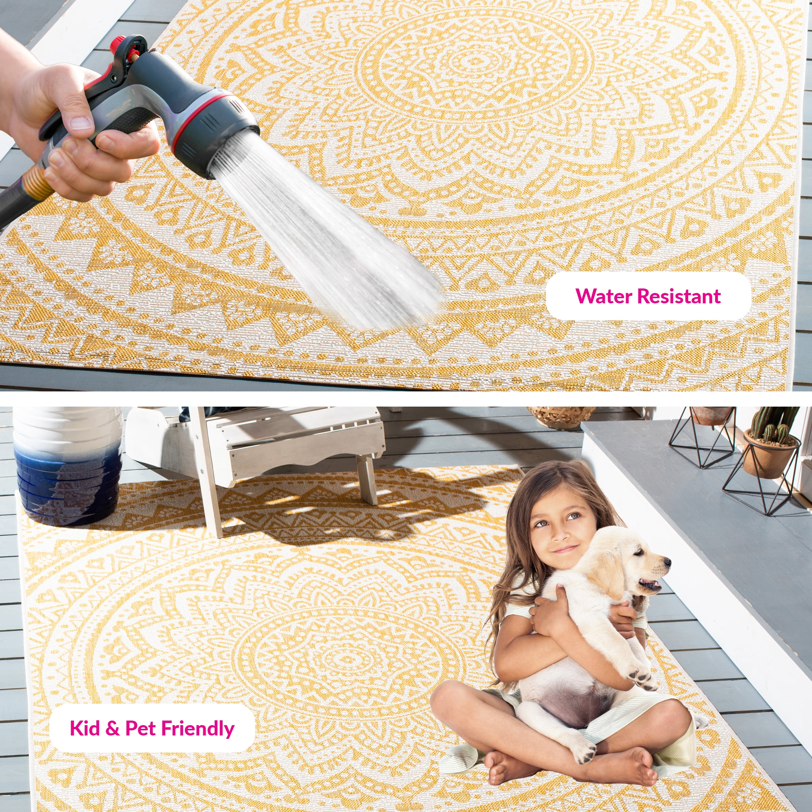 SAFAVIEH Courtyard Josiah Floral Medallion Indoor/Outdoor Area Rug, Ivory/Gold, 6'7" x 9'6"