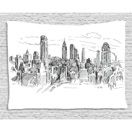 New York Tapestry, Hand Drawn NYC Cityscape Tourism Travel Industrial Center Town Modern City Design, Wall Hanging for Bedroom Living Room Dorm Decor, 80W X 60L Inches, Grey White, by