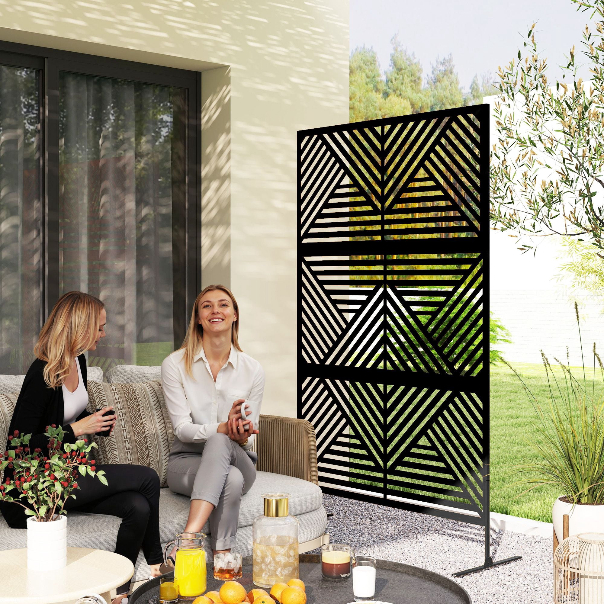 Alvantor Freestanding Outdoor Privacy Fence Screen Black Metal Rhombus Decorative