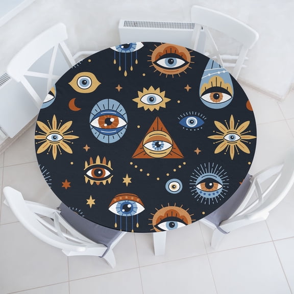 Ambesonne Ethnic Fitted Round Tablecloth, Triangles with Eyes Plot, 45"- 56" Diameter, Burnt Orange Blue Grey
