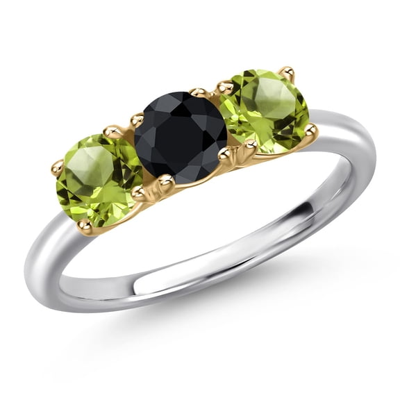 Gem Stone King 925 Silver and 10K Yellow Gold Black Sapphire and Green Peridot Engagement Ring for Women | 1.79 Cttw | Round 5MM | Gemstone September Birthstone | Size 8
