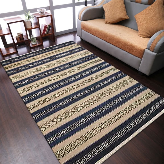 Rugsotic Carpets Hand Woven Flat Weave Kilim Wool Eco-Friendly 3'x5' Area Rugs Rectangle Aqua Cream Contemporary Modern Design Low Pile Indoor Handmade Rug for Living Room, Bedroom D00114