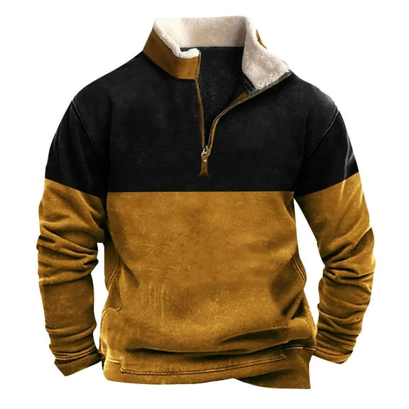 GigrtiJin Mens Plus Fleece Sweatshirt Color Block Stand Collar Zipper Pullover Blouse with Pocket Longt Sleeve Warm Tops