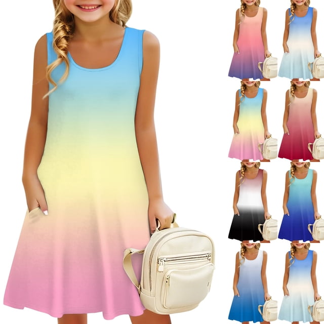 Girls' Summer Dress Kids 2025 Sleeveless Gradient Sundress with Pockets Casual Summer Dress for Kids Ages 4-12 ,Sie:120