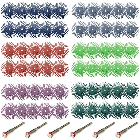 66pcs 1Inch Radial Bristle Disc Polishing Kit 6 Mix Grit 80/120/220/400/600/1000 with 1/8" Shank for Rotary Tools, Abrasive Brush Buffing Wheel Kit f