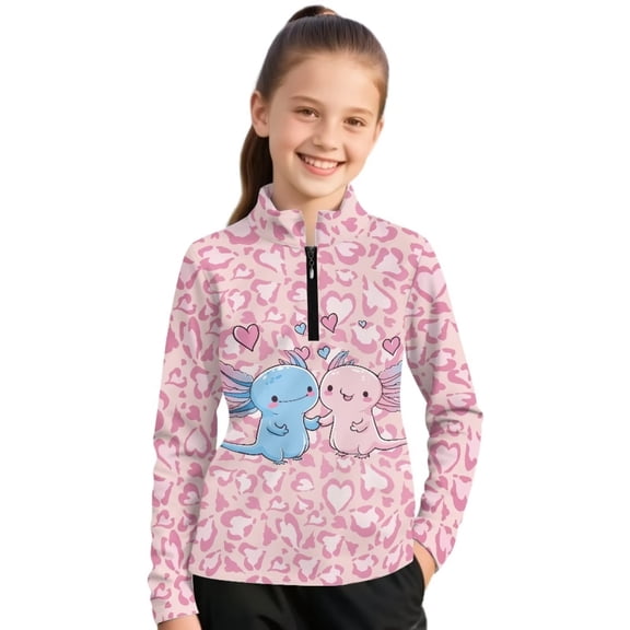 Psesaysky Girls Sweatshirts Size 12-13 Years Cute Axolotl Leopard Graphic Pullover Long Sleeve Quarter Zip Shirt Cute Cartoon Casual Winter Clothes for Girls