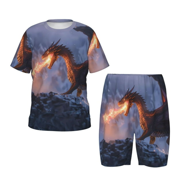 Balery Winter Fire Dragon Conjunto de Pijama Infantil de Manga Corta con Estampado – Ropa de Dormir de Algodón Suave-3X-Large