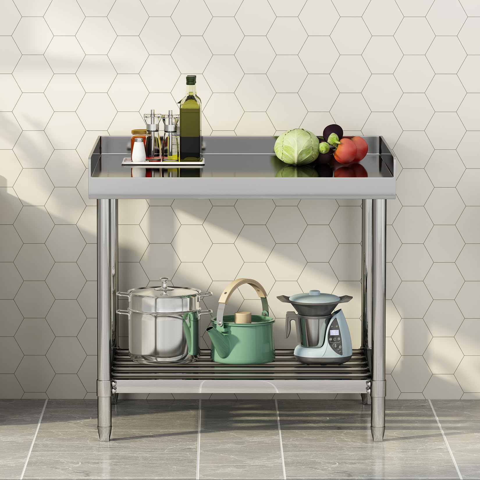 Huisuilinss Stainless Steel Table With Backsplash,Stainless Steel Prep Table For Kitchen,Commercial Prep & Work Table With Adjustable Undershelf For Restaurant Hotel Home Gardens Garages