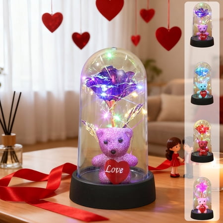 Wzzjkit Valentine s Day Preserved Flower and Teddy Bear Heart Rose Ornament and Ambient Decorative Night Light Forever Flowers