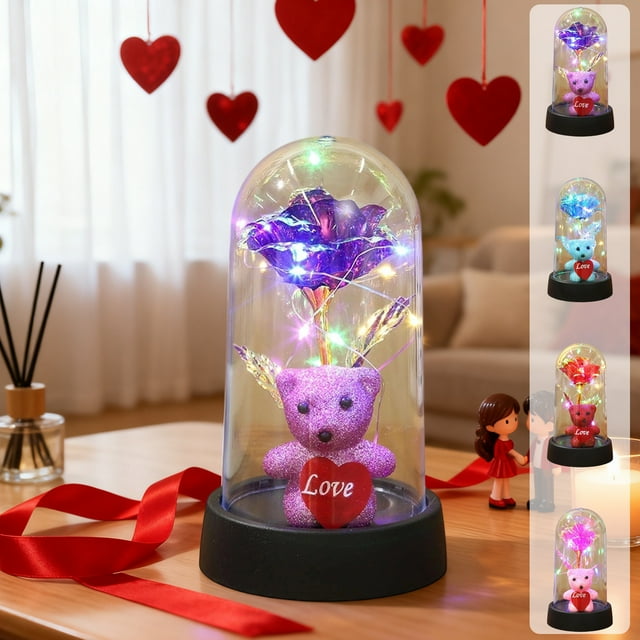 Luz nocturna de corazón de rosa conservada | Adorno de cúpula de cristal LED con oso de peluche | Decoración romántica floral para dormitorio, escritorio, regalo | Rosa, Morado, Azul, Rojo | 15,5cm
