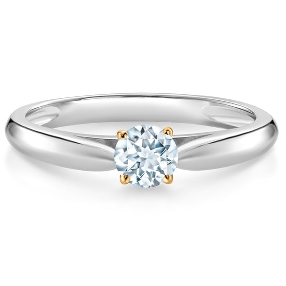 Gem Stone King 925 Silver and 10K Yellow Gold Ring Sky Blue Aquamarine Solitaire Engagement Ring for Women (0.25 Cttw, Gemstone March Birthstone, Round 4MM, Size 5)