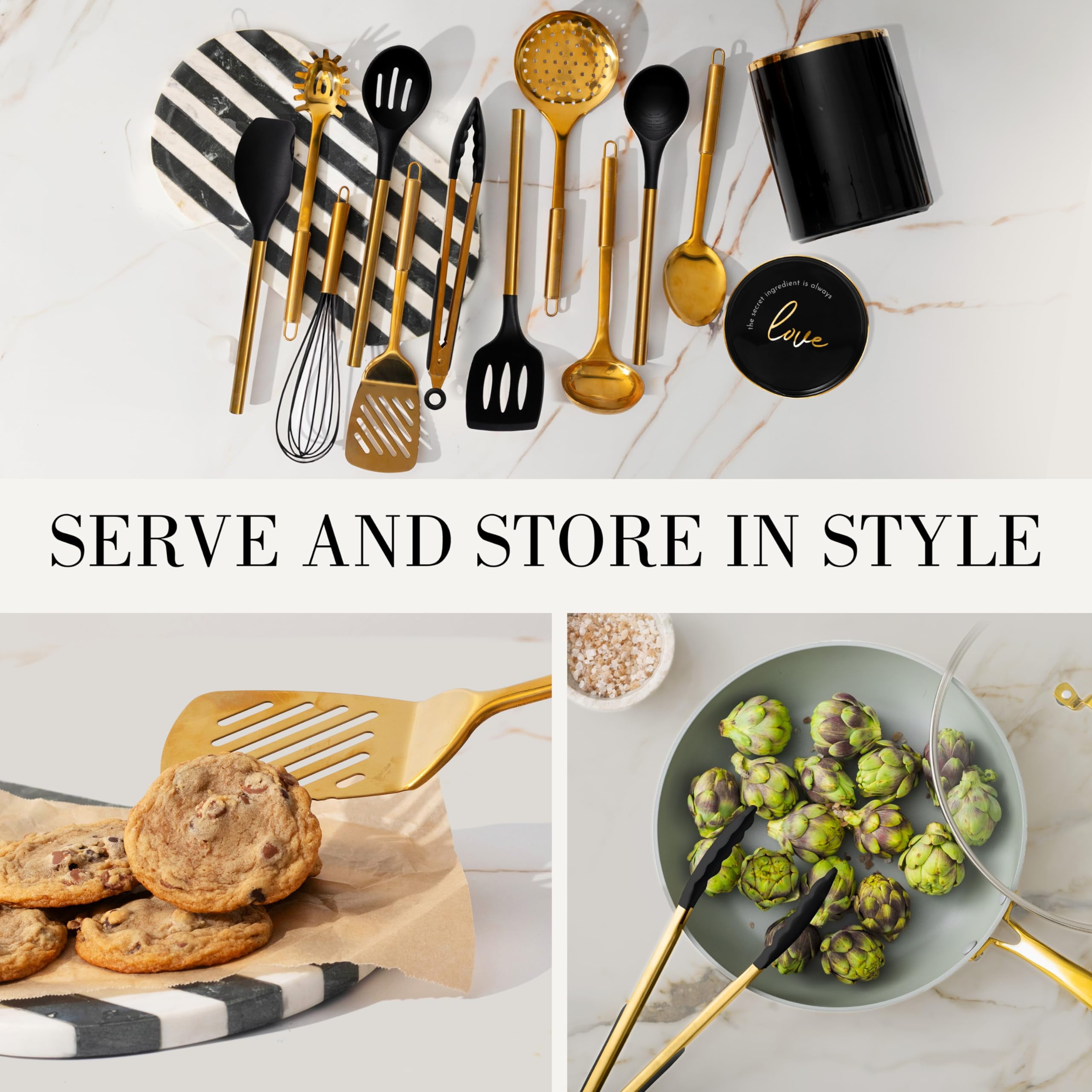 Styled Settings Black and Gold Cooking Utensils Set -13 PC Black and Gold Kitchen Utensils Set Includes Black Ceramic Utensil Holder with Stackable Black & Gold Spoon Rest - Gold Kitchen Accessories