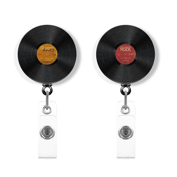 WIRESTER Set 2pcs Design Acrylic Key Card Holder Belt Clip Reel Id Badge Retractable - Vintage Vinyl Record