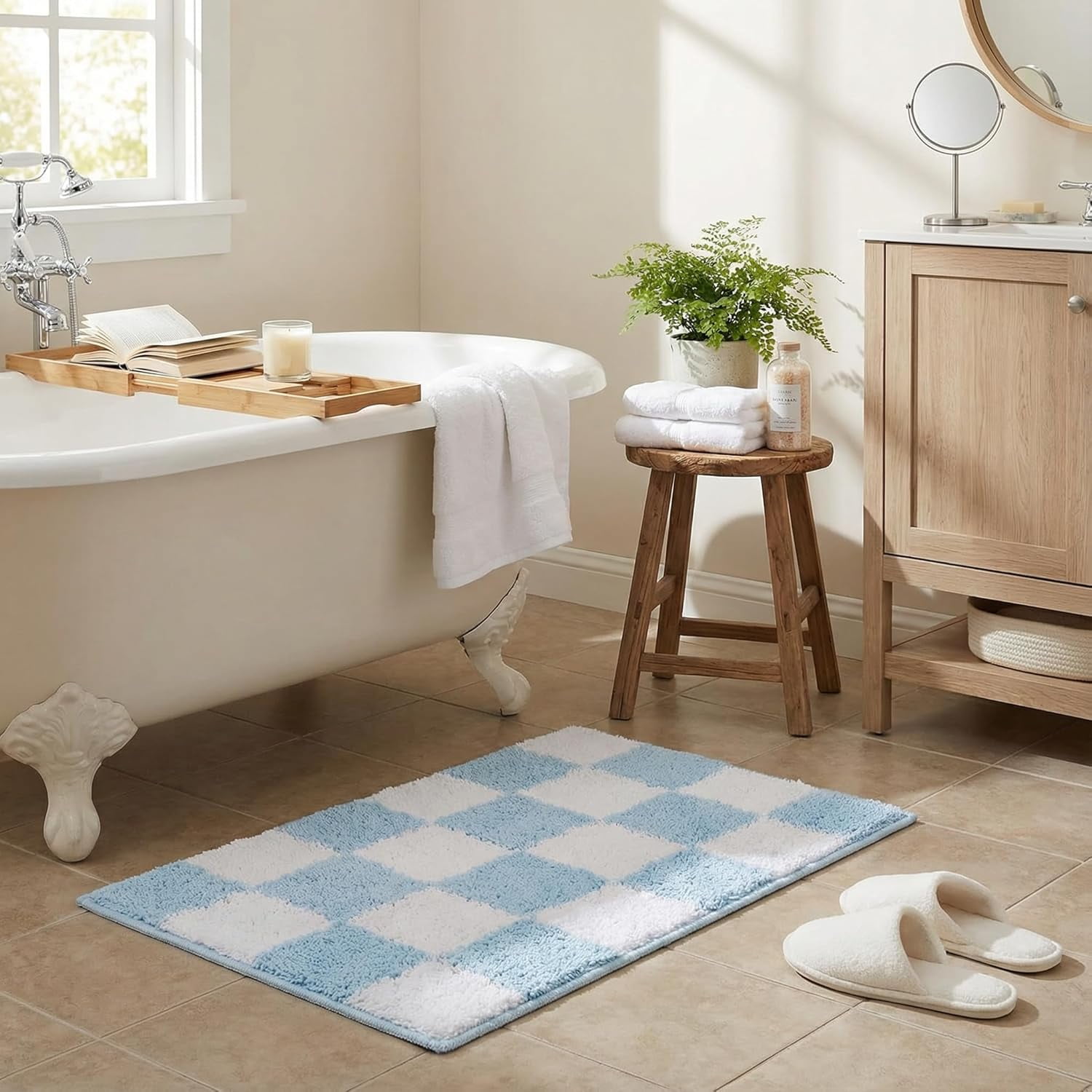 GRANNY SAYS Bathroom Rug, Checkered Bath Mat, Microfiber Non Slip Washable, 24" x 16", Shaggy Shower Mat, Blue