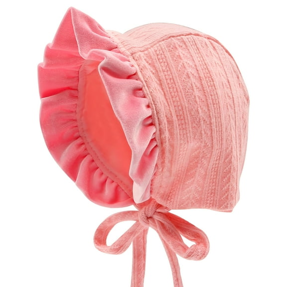 TELOLY Baby Girls Bonnet Ultra Soft Christening Bonnet Cap Lovely Velvet Flounce Adjustable Hats 0-12 Months, Pink