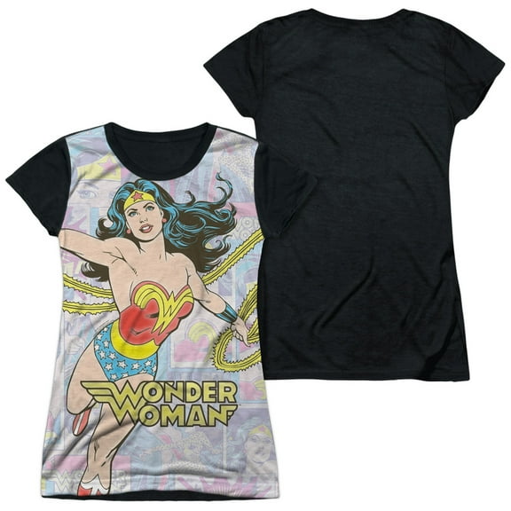Dc - Wonder Collage - Juniors Teen Girls Black Back Sleeve Shirt - Large