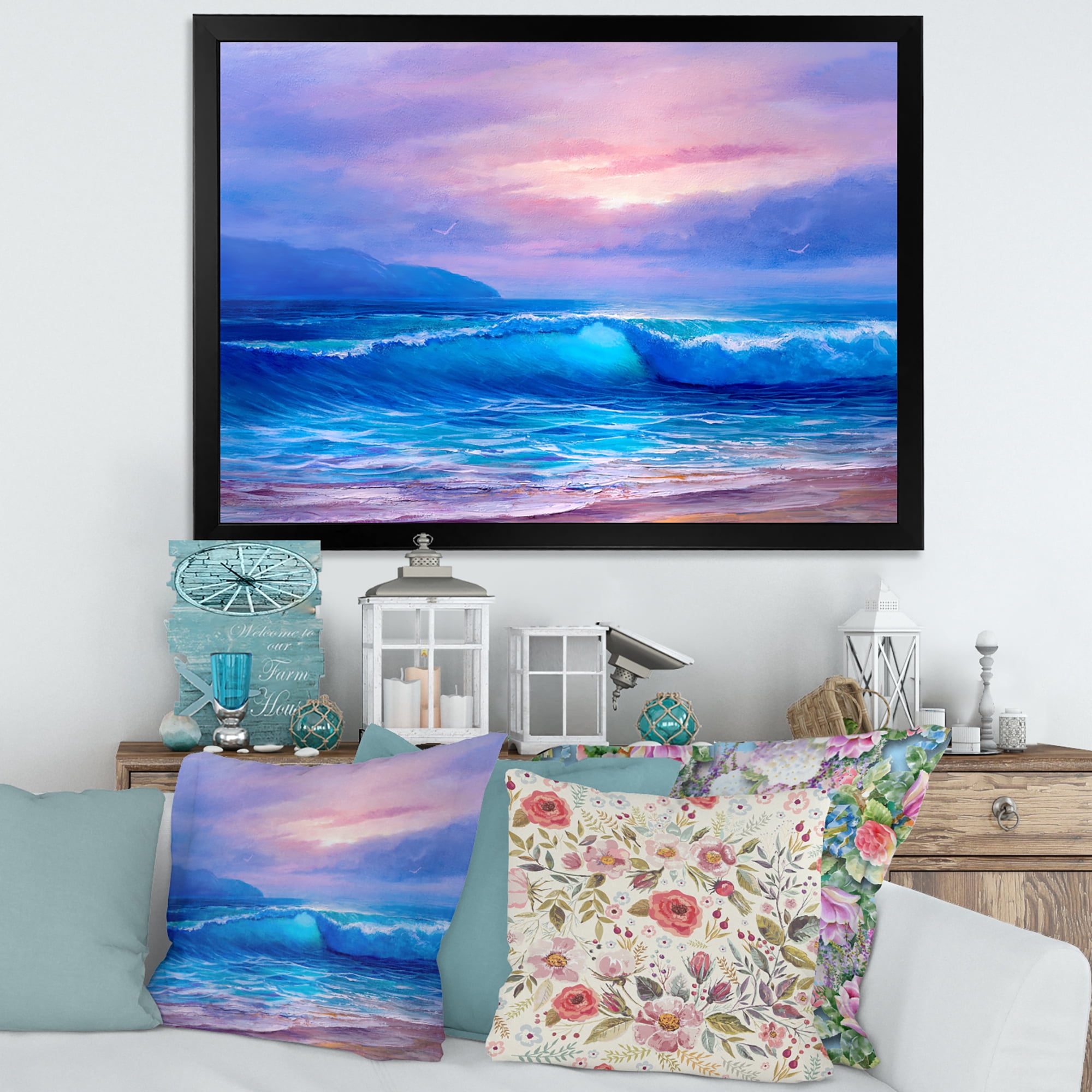 Designart 'The Sea By The Beach With Golden Sunset' Nautical & Coastal Framed Art Print