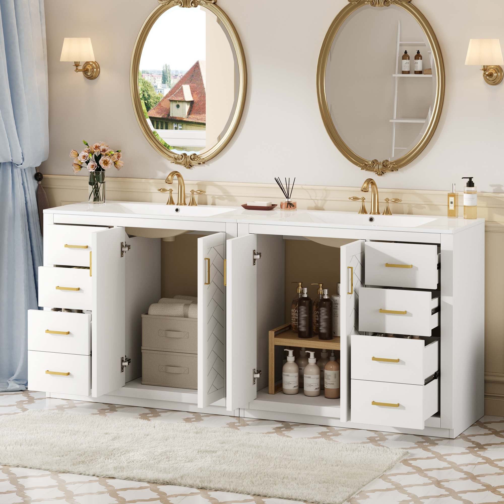 Euroco 72'' Bathroom Vanity with Ceramic Sink (Separate), Solid Wood Frame Bathroom Storage Cabinet, Freestanding Vanity Set with Drawers& Soft Closing Doors
