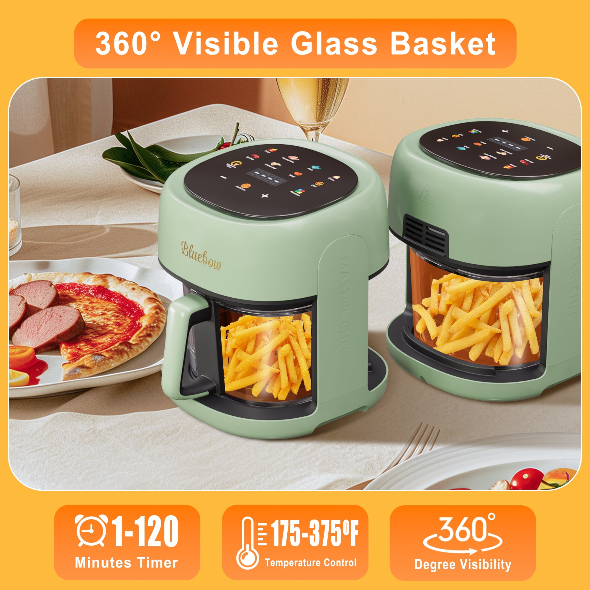 Bluebow 5 Quart Air Fryer with 360° Viewing Glass Pot, 8-in-1 Digital Touchscreen, Nonstick & Dishwasher Safe Basket, Less Oil, 1350W (Green)