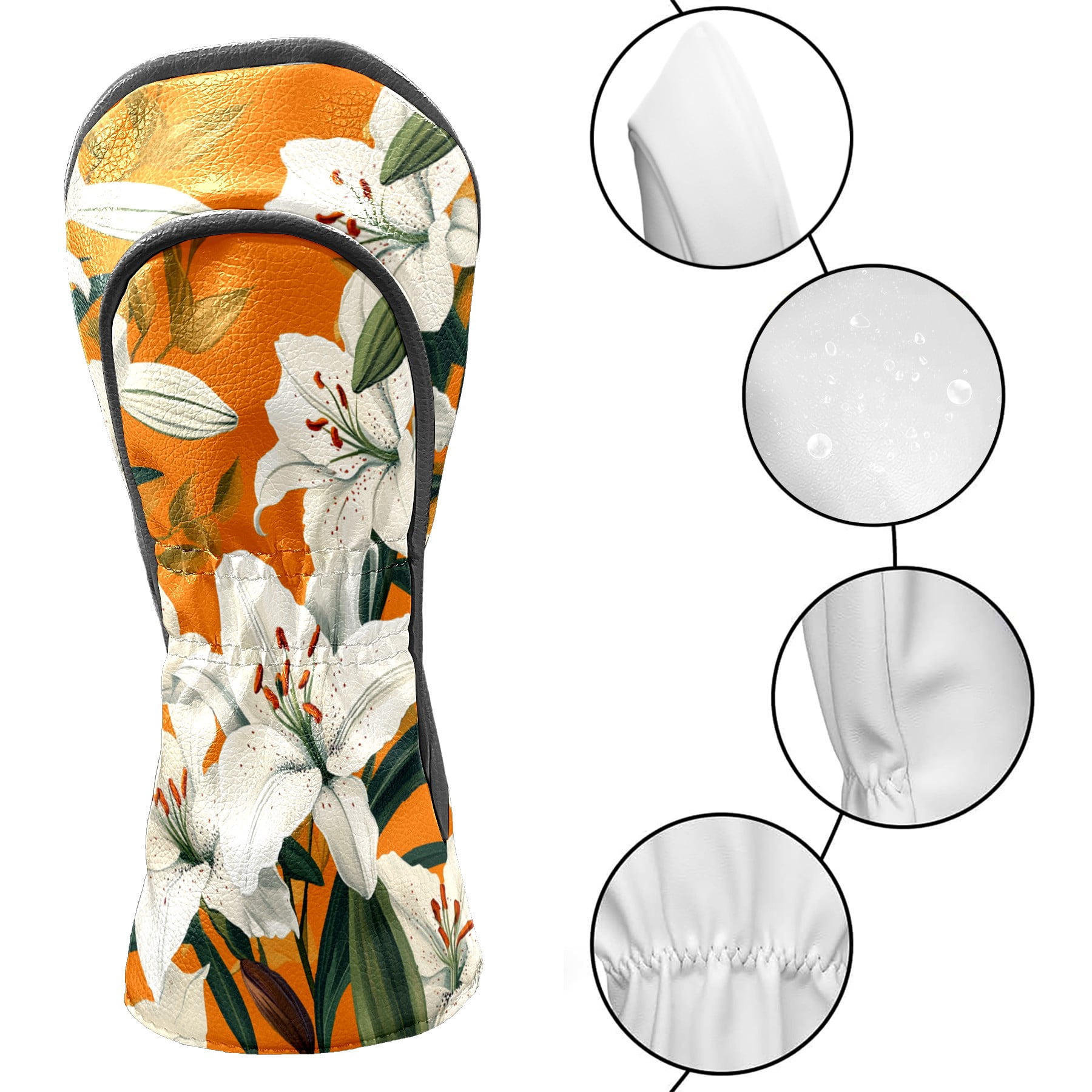 Golf Club Covers PU Leather Waterproof Head Covers for Fairway Woods Hybrids Lily Flowers