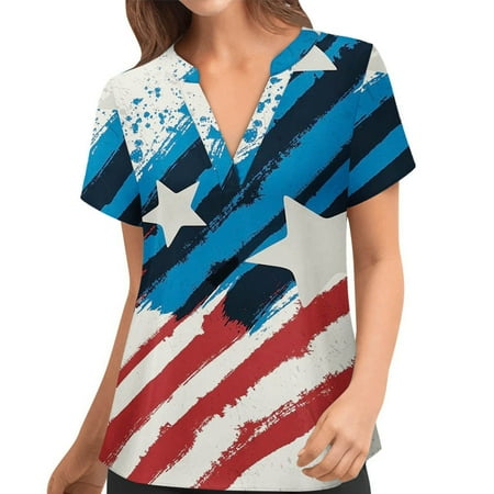 

July 4th Tops for Womens Short Sleeve V-Neck Tshirt Top American flag Workwear T-Shirt Scrub_Tops Working Uniform Blouses