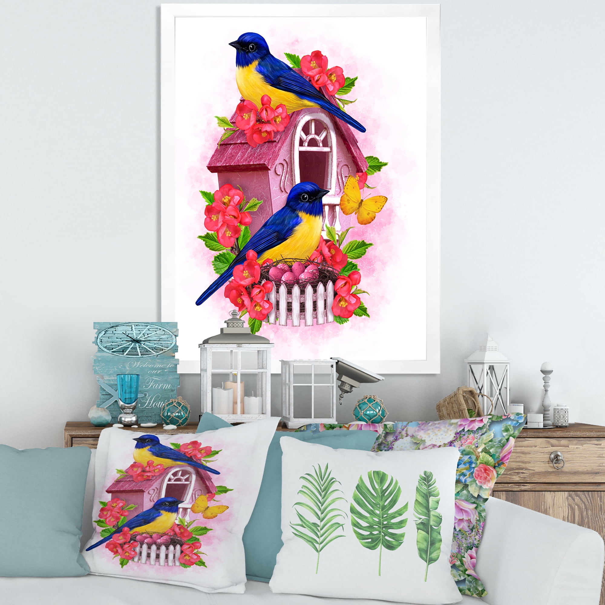 Designart 'Two Yellow and Blue Tit Birds Sitting Near The Nest' Traditional Framed Art Print