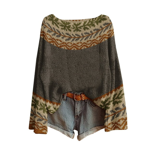 WTXUE Chandail Femme Fair Isle Tricot Boho Chandails Rétro Hiver Automne Décontracté Ample Col Rond Manches Longues Léger Imprimé Art Vintage Chandail Hauts T-Shirts Basiques Couche Chaude Hiver Gris Foncé TG