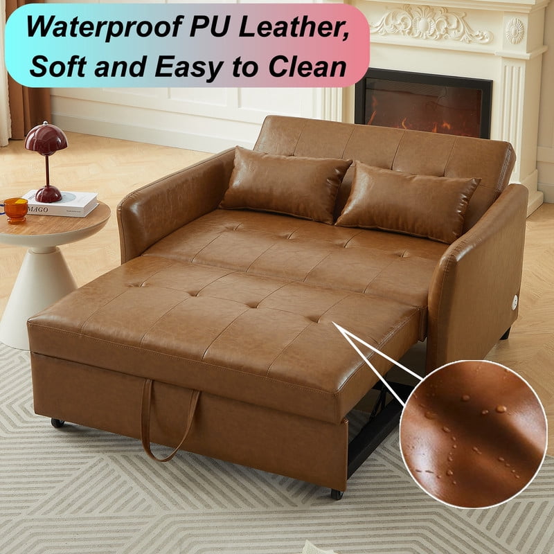 PU Leather Convertible Sleeper Sofa Bed, Adjustable Oversized Chaise Lounge Loveseat Couch with 3 USB Charging Ports