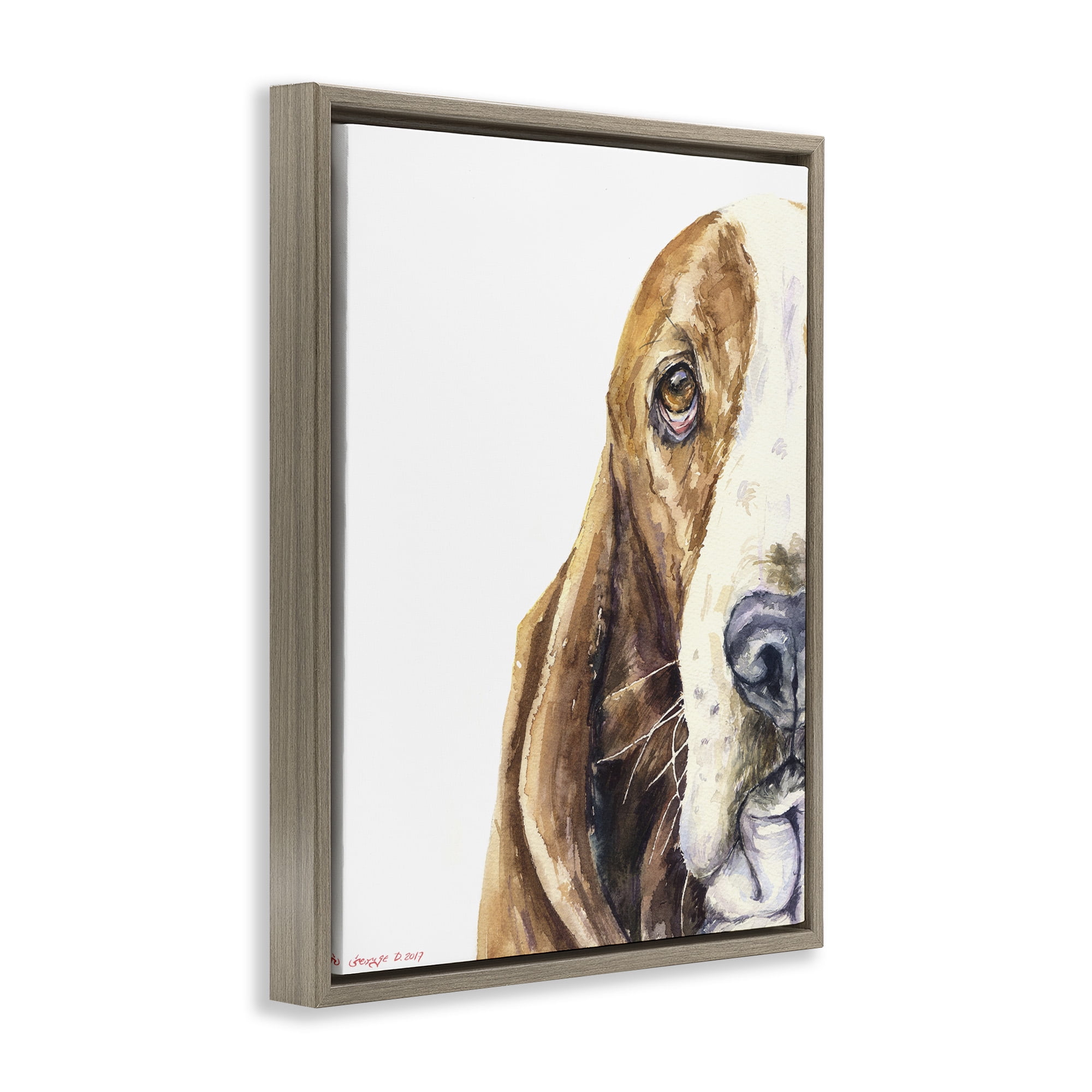 Stupell Industries Cute Basset Hound Pet Watercolor Animals & Insects Painting Brown Floater Framed Canvas Art Print Wall Art, 17 x 21